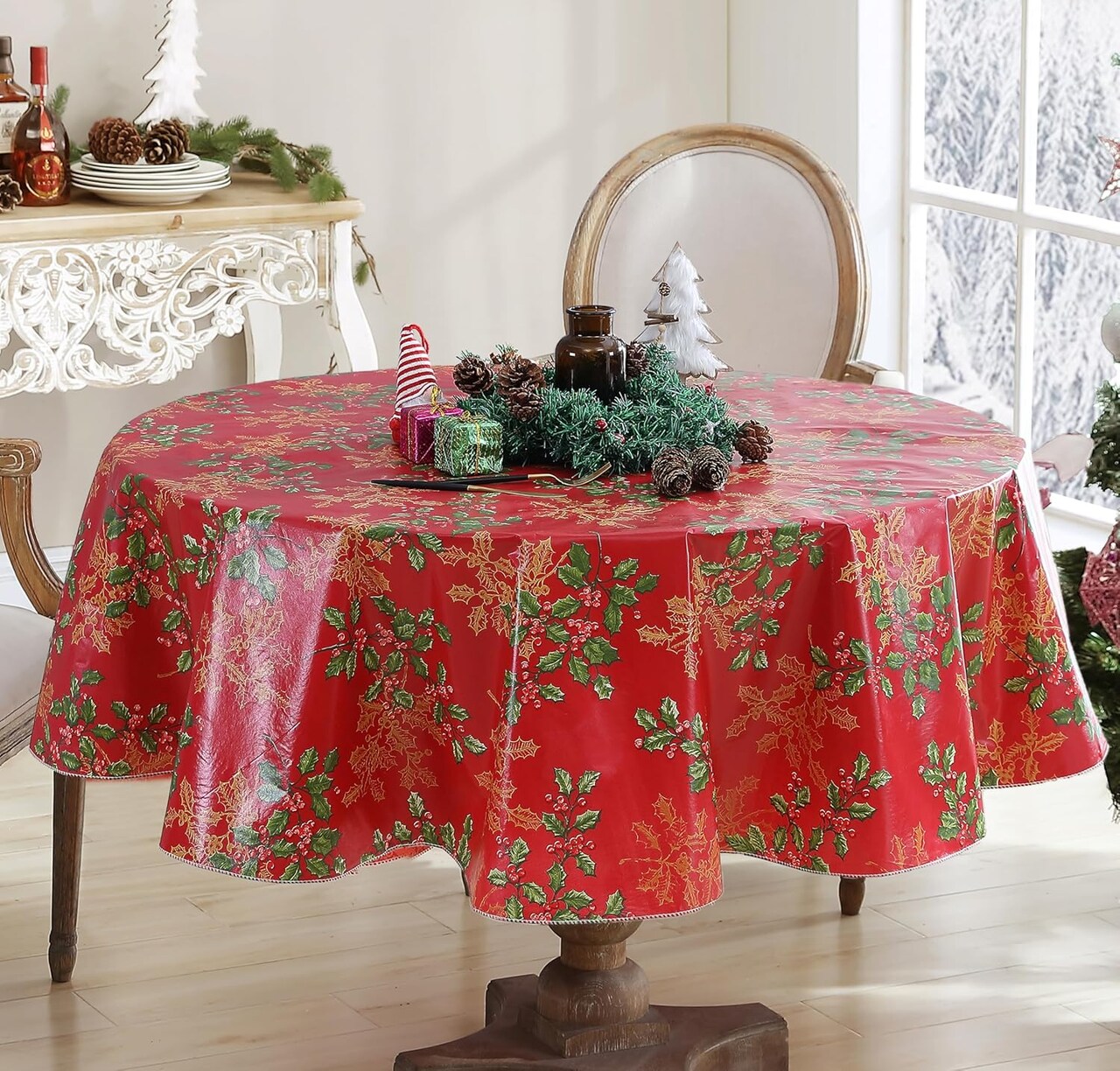 Red Golden Holly and Berry Christmas Vinyl Flannel Backed Tablecloth - Red Metallic Gold Holly Holiday Print Wipe Clean Easy Care Kitchen, Dining Room Tablecloth, 70” Round